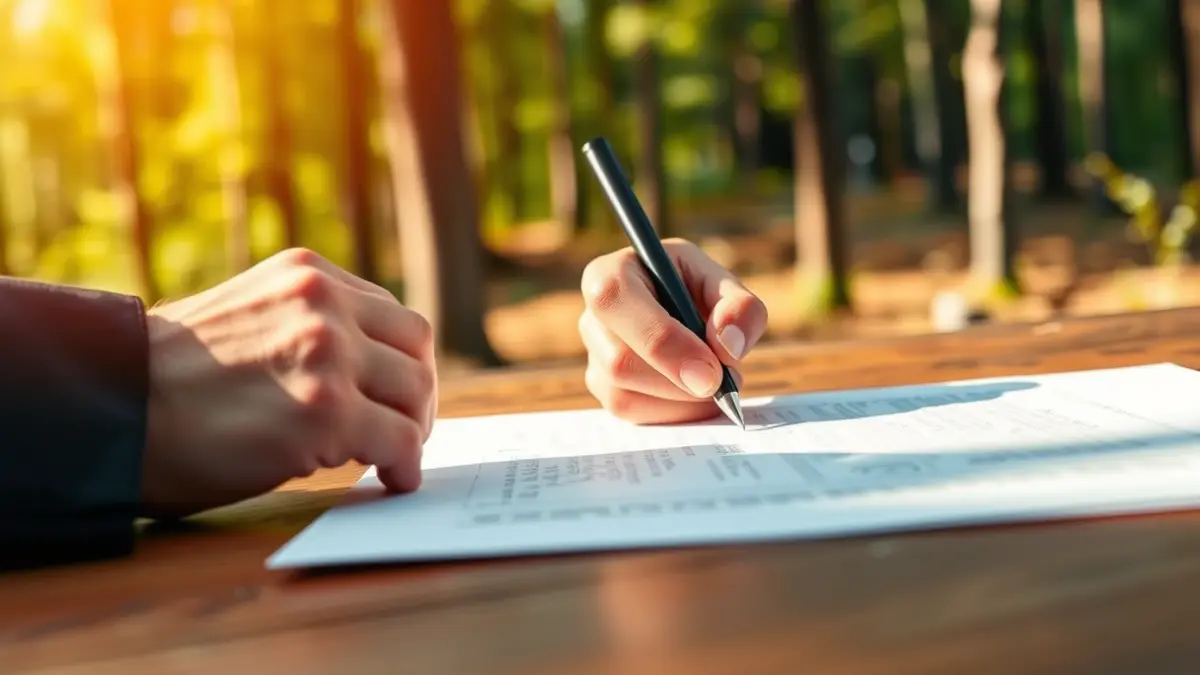 Image of a hand signing a document, with a blurred forest in the background, representing forest law reform.