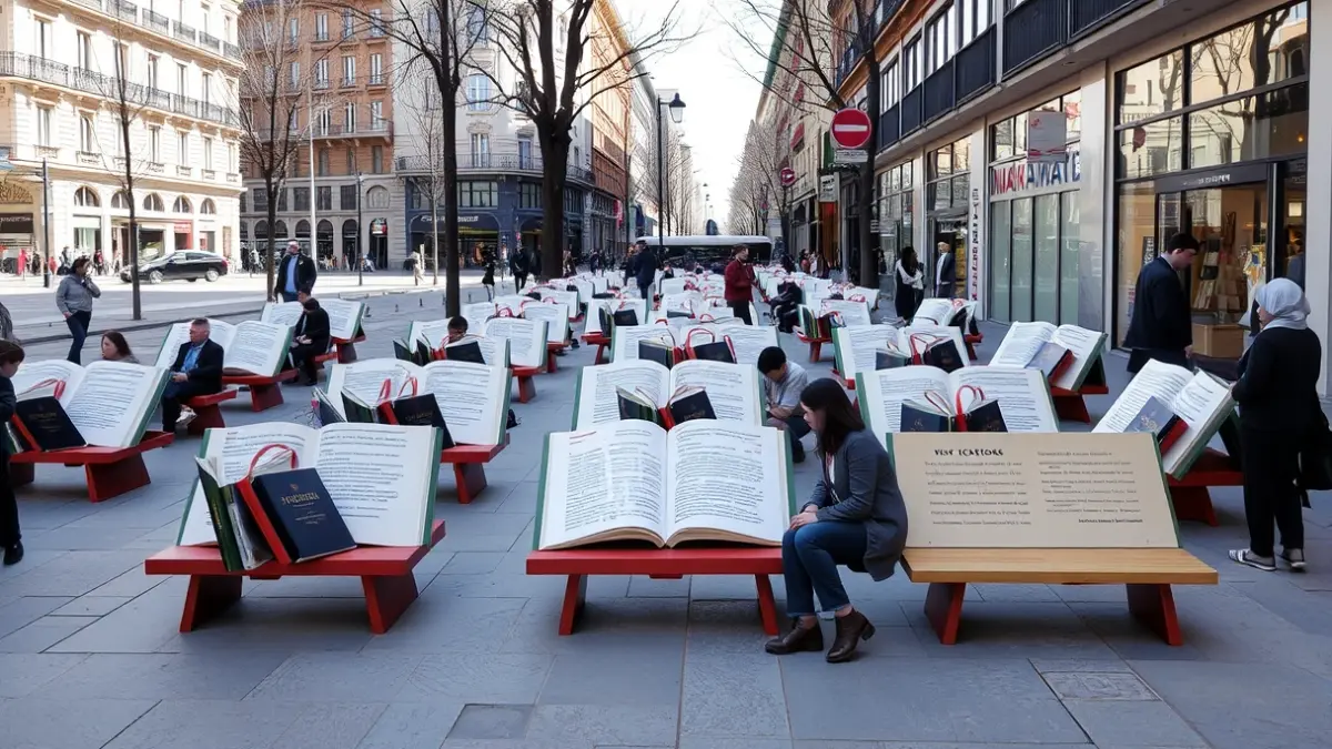 Bancos con forma de libro en las calles de Madrid, fomentando la lectura y el comercio local.