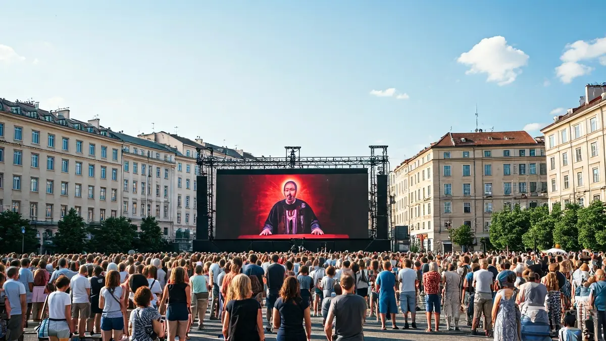 Imagen de pantallas gigantes en una plaza de Madrid durante un evento multitudinario.