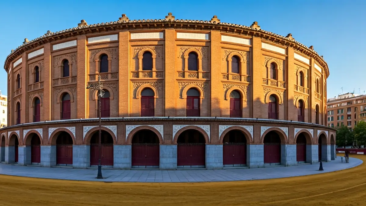 Fachada de la Plaza de Toros de Las Ventas en Madrid bajo el sol de la tarde.