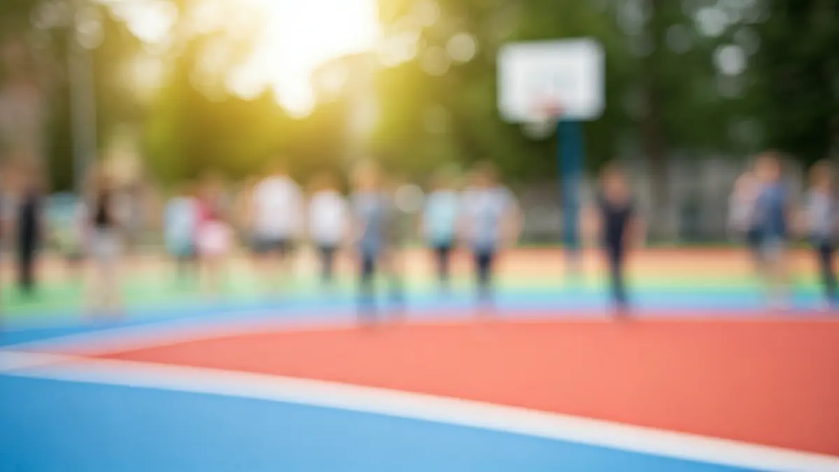 Imagen genérica de un patio escolar moderno y colorido, con un aro de baloncesto vacío y niños jugando al fondo.
