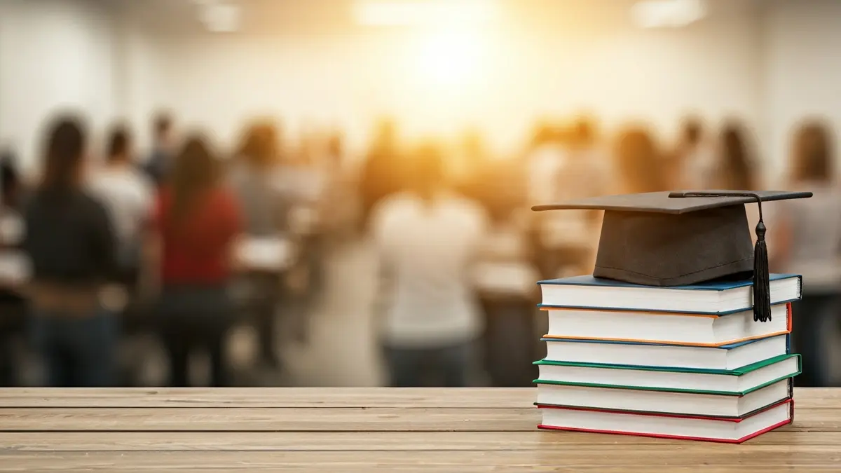 Imagen genérica de libros y una gorra de graduación sobre un escritorio, simbolizando la educación.