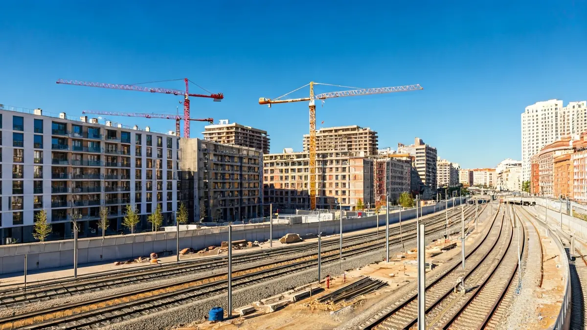 Imagen de nuevos desarrollos urbanísticos en Madrid con edificios en construcción.