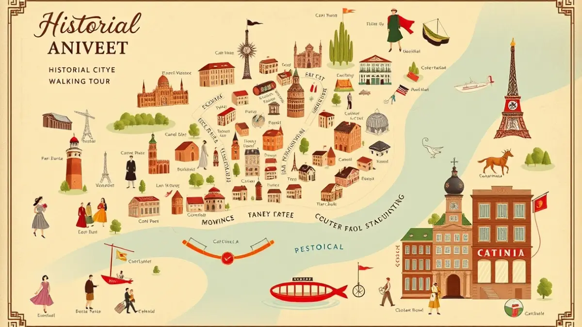 Illustrated map of Madrid featuring historical fashion landmarks.