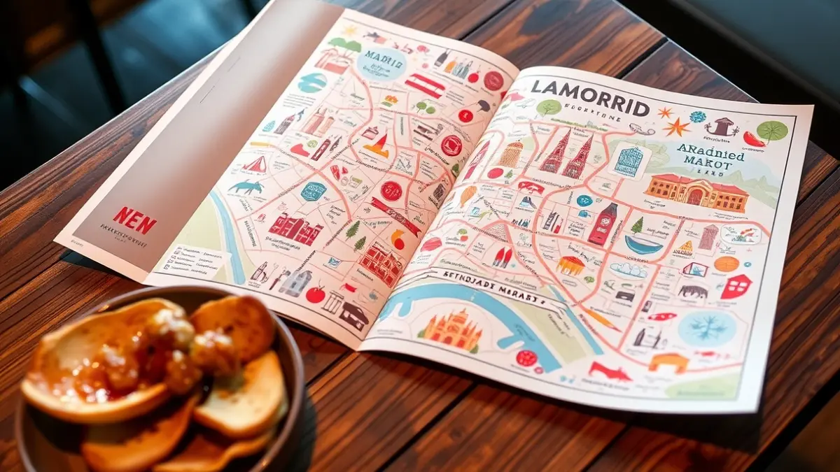 Mapa gastronómico de Madrid con ilustraciones de comida y lugares emblemáticos.