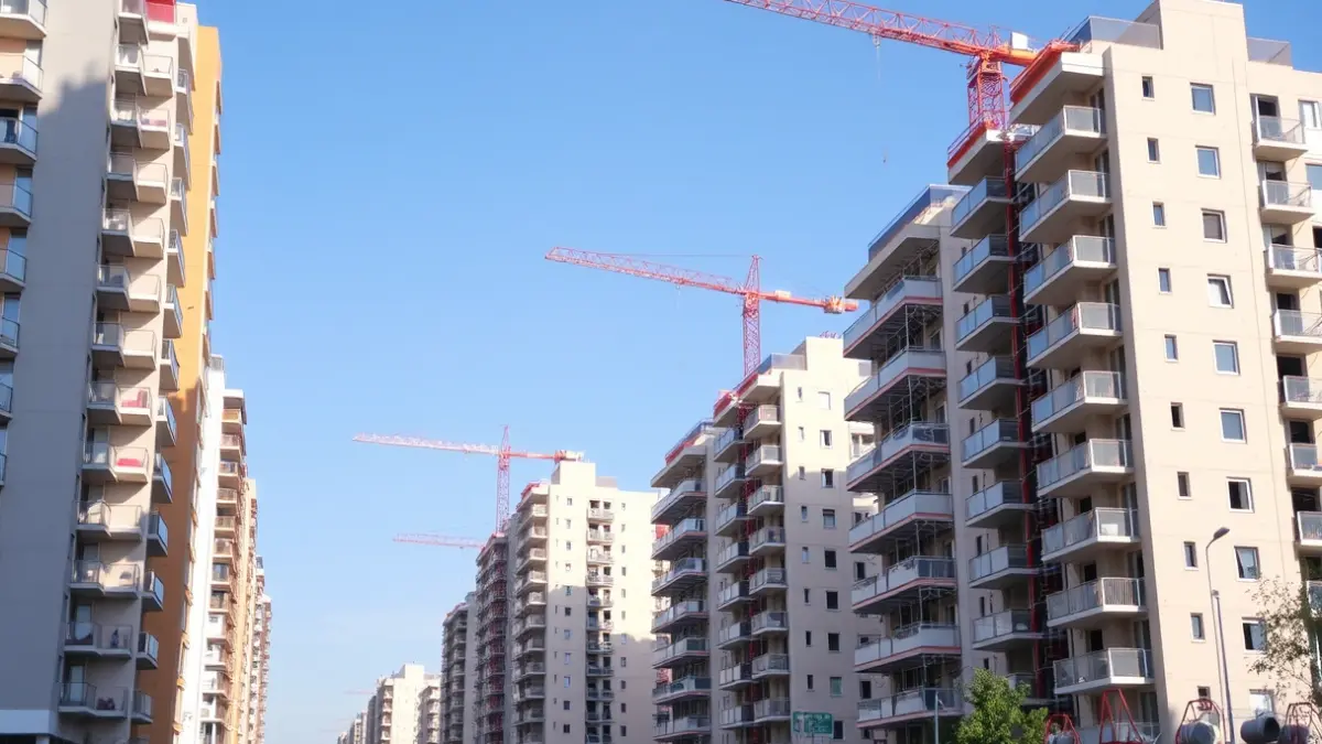 Image of residential buildings under construction in an urban area of Madrid.