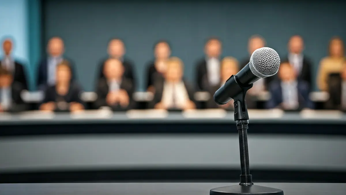 Generic image of a microphone on a podium during a conference.