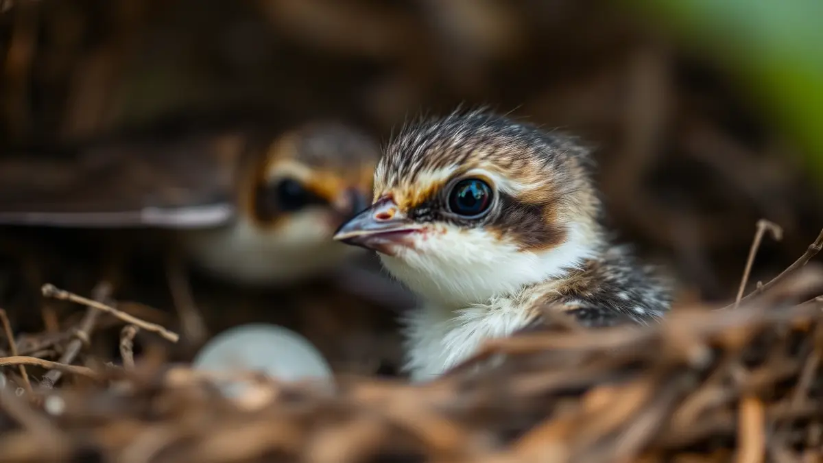Cría de vencejo en un nido, con un adulto borroso al fondo.