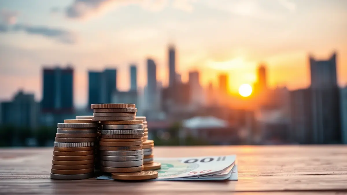 Generic image of euro coins and banknotes on a desk, with a blurred city skyline in the background at sunset.