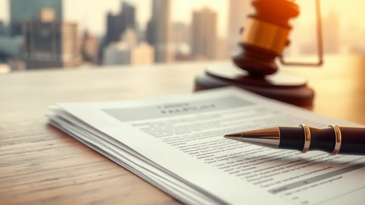 Imagen genérica de documentos legales sobre una mesa de madera, con un fondo urbano borroso.
