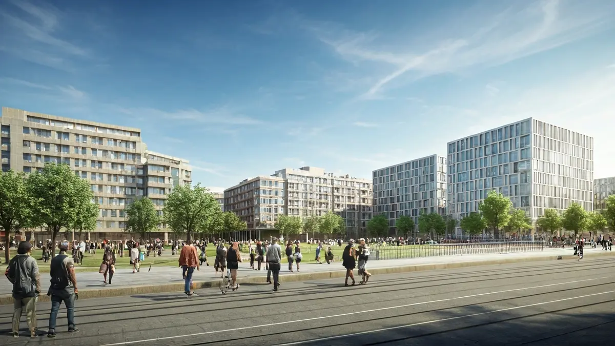 Image of a modern urban development with residential buildings and green areas in Madrid.