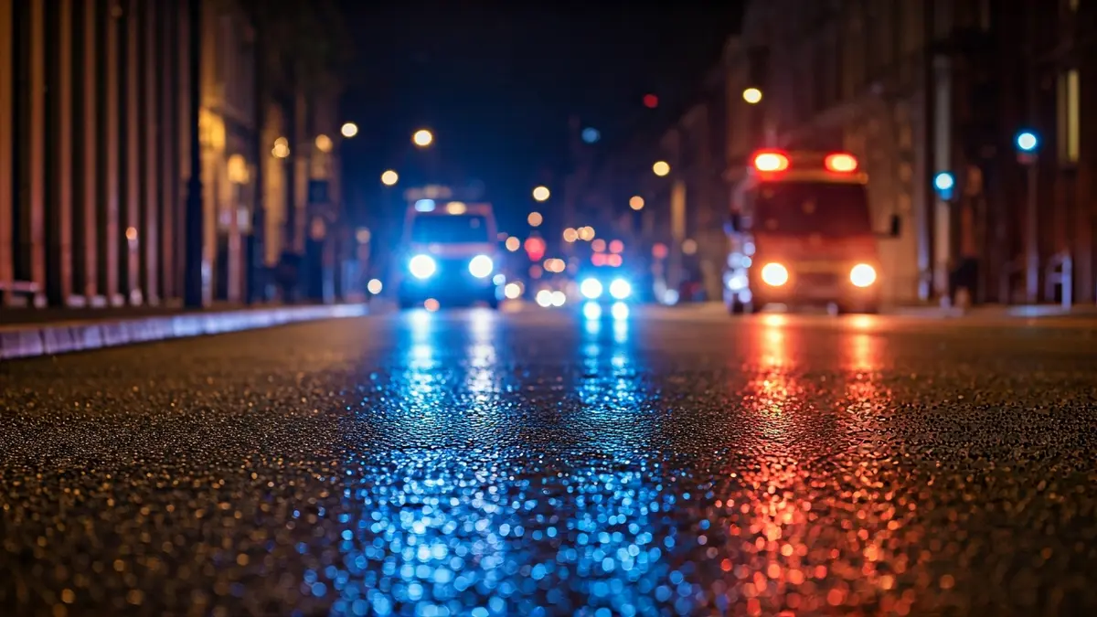 Imagen genérica de luces de emergencia reflejadas en el asfalto mojado.