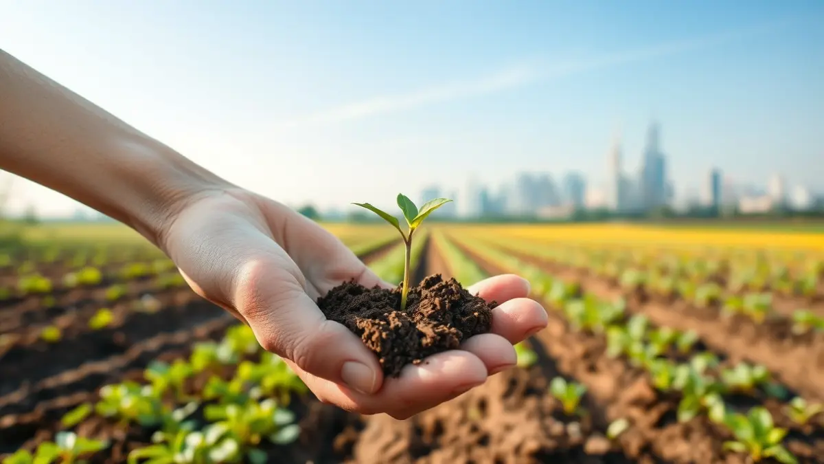 Imagen de una mano sosteniendo un brote en tierra, con campos agrícolas y una ciudad al fondo.