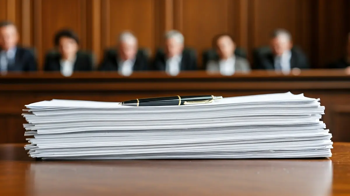 Legal documents on a table in a courthouse, symbolizing an administrative appeal.