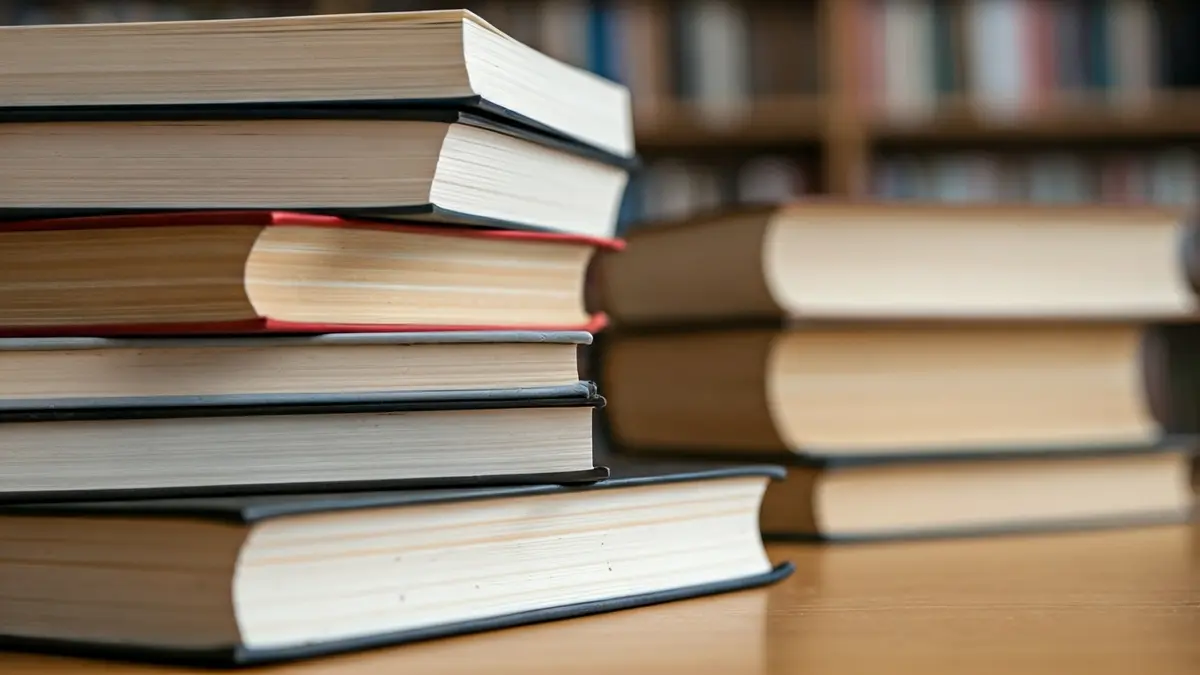 Imagen genérica de libros apilados en una mesa de madera en una biblioteca.