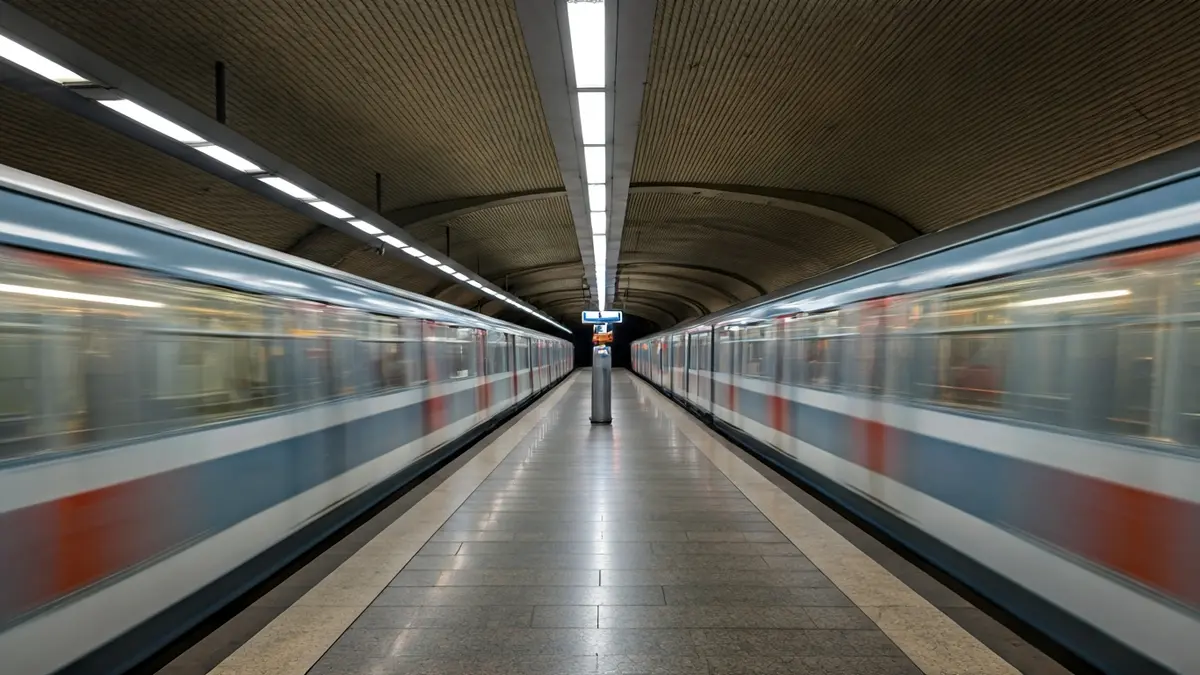 Imagen genérica de una estación de metro moderna en Madrid con trenes en movimiento.