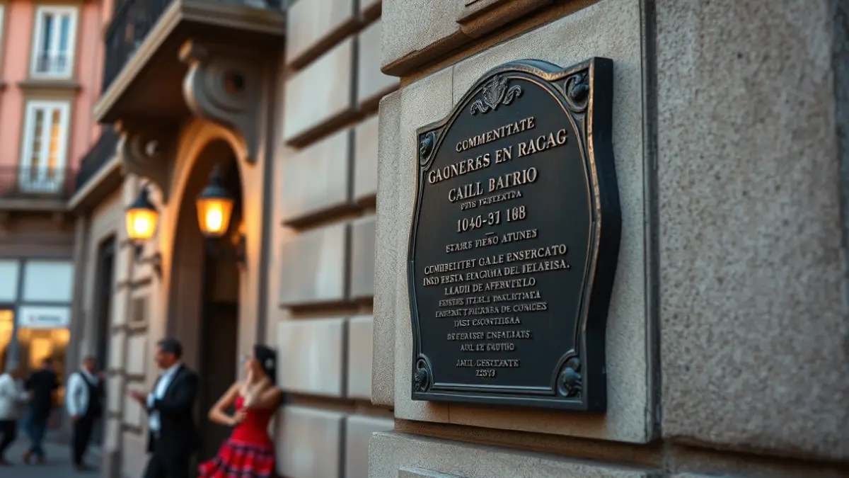 Commemorative plaque on the facade of a historic building in Madrid, with a flamenco atmosphere in the background.