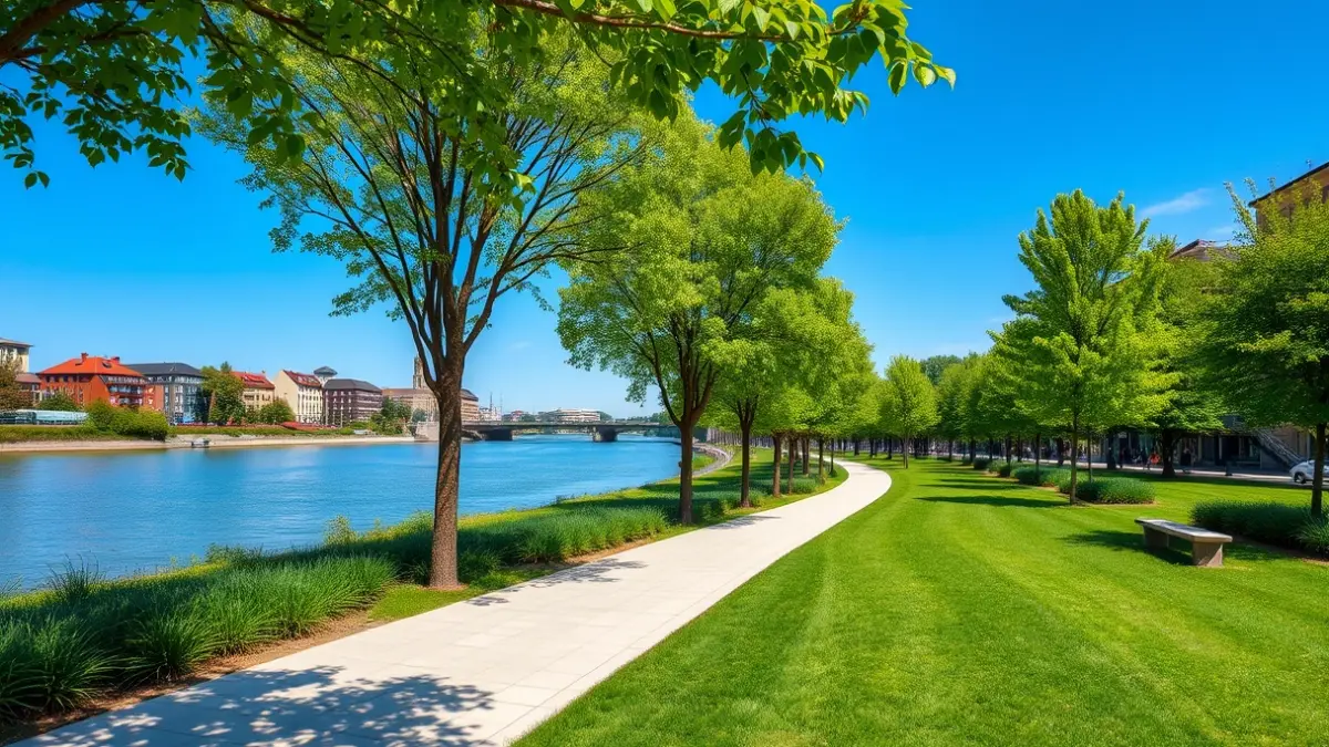 Imagen de un parque urbano moderno con un río, representando un proyecto de transformación ecológica.