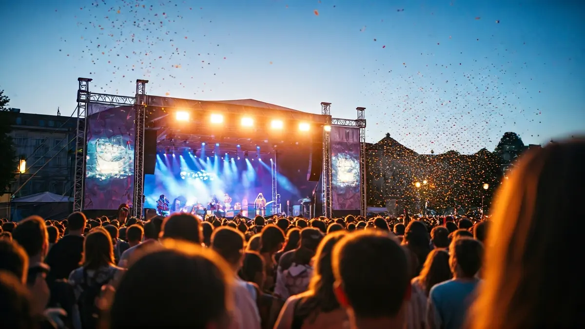 Imagen genérica de un festival de música al aire libre con luces de escenario y una multitud animada.