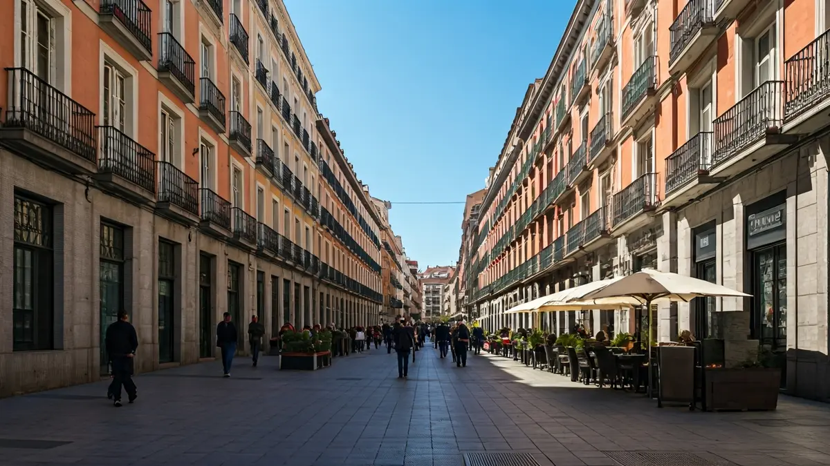 Image of a lively street in Madrid with classic architecture and outdoor terraces.