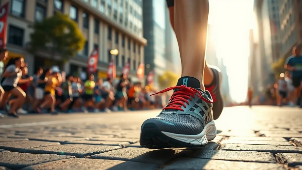 Imagen genérica de una carrera popular en una ciudad, con un corredor en primer plano y la multitud difuminada al fondo.
