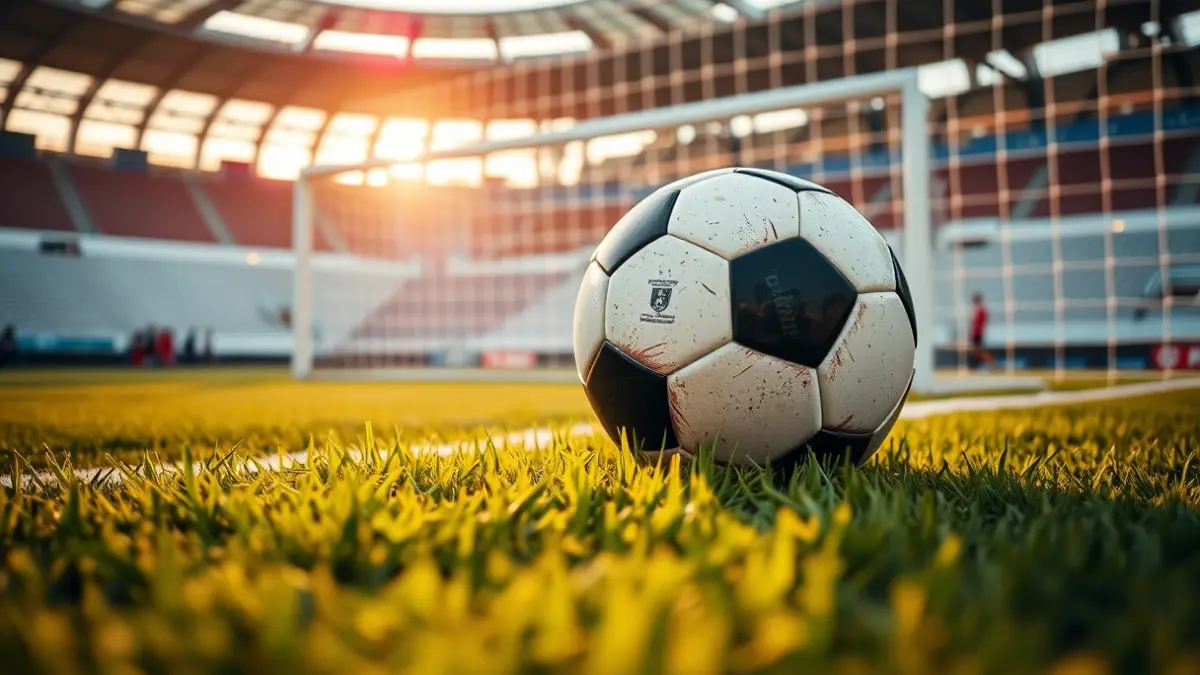 Generic image of a soccer ball on a field, with the goal in the background.