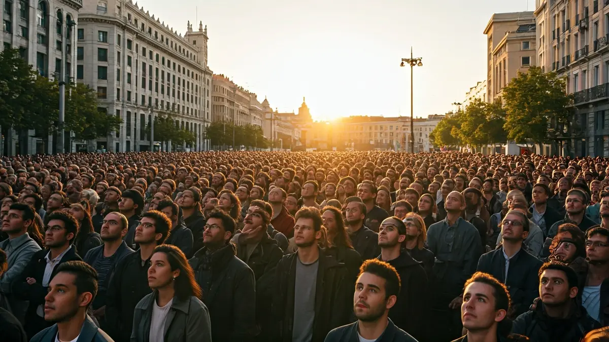 Image of a crowd of people in an open space, looking upwards, with Madrid buildings in the background.