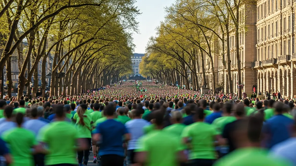 Image of a crowd of people running in a charity race on an urban avenue.