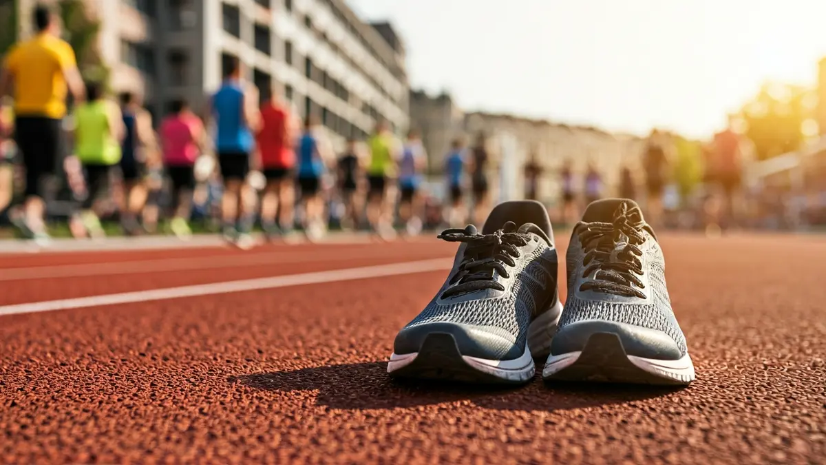 Imagen genérica de unas zapatillas de correr en una pista de asfalto, con un fondo urbano borroso.