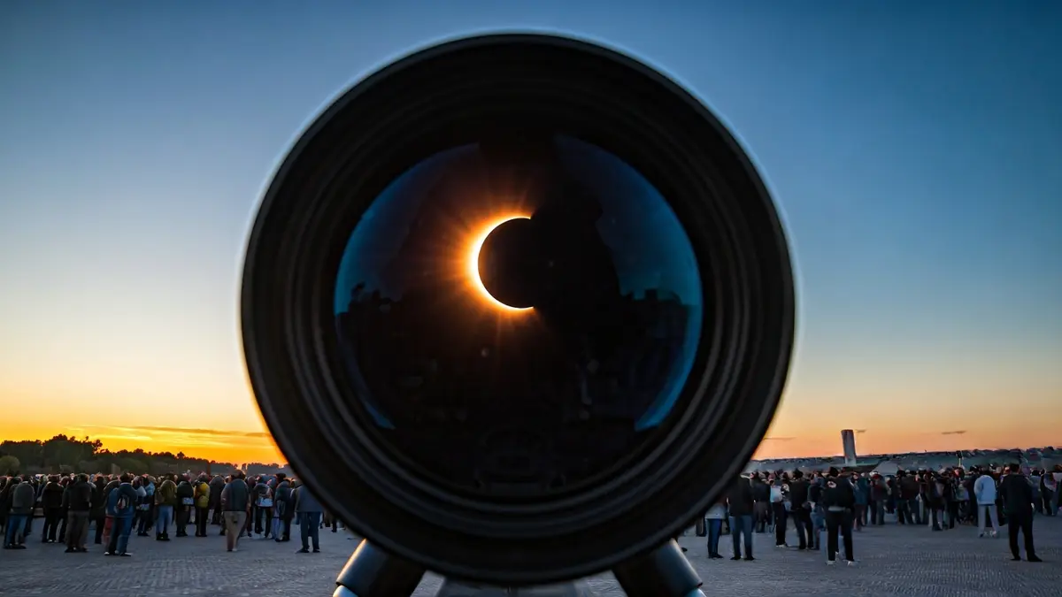Imagen de un eclipse solar parcial visto a través de un telescopio.