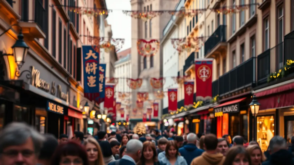 Image of a festive atmosphere on a Madrid street during a cultural event.