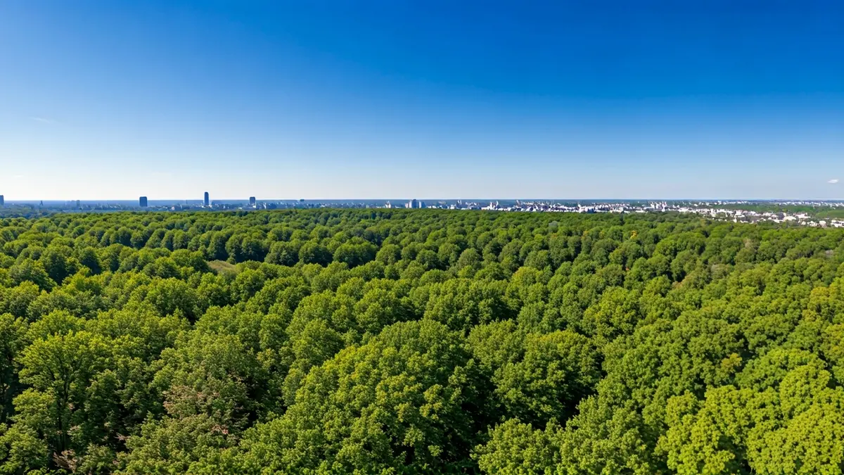 Aerial image of a metropolitan forest surrounding a city.