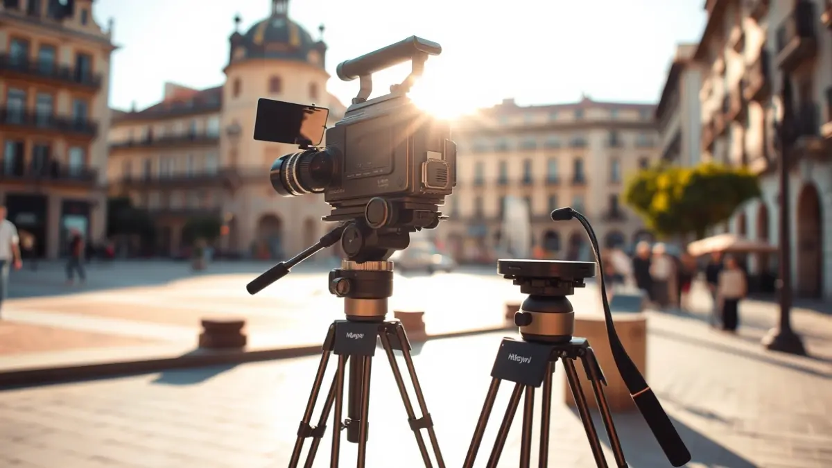 Image of a film camera tripod in a historic square in Madrid, with traditional Spanish architecture.