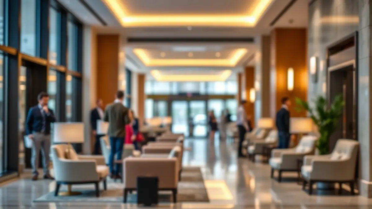 Imagen genérica de un vestíbulo de hotel moderno y elegante, con iluminación suave y personas en el fondo.