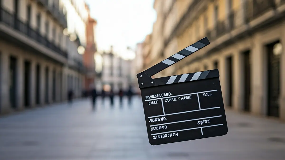 Generic image of a film clapperboard in a Madrid urban setting.