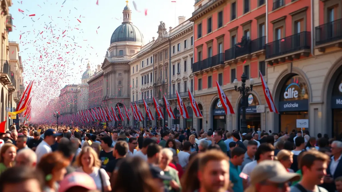 Imagen de una calle concurrida en Madrid durante un evento, con edificios históricos y gente.