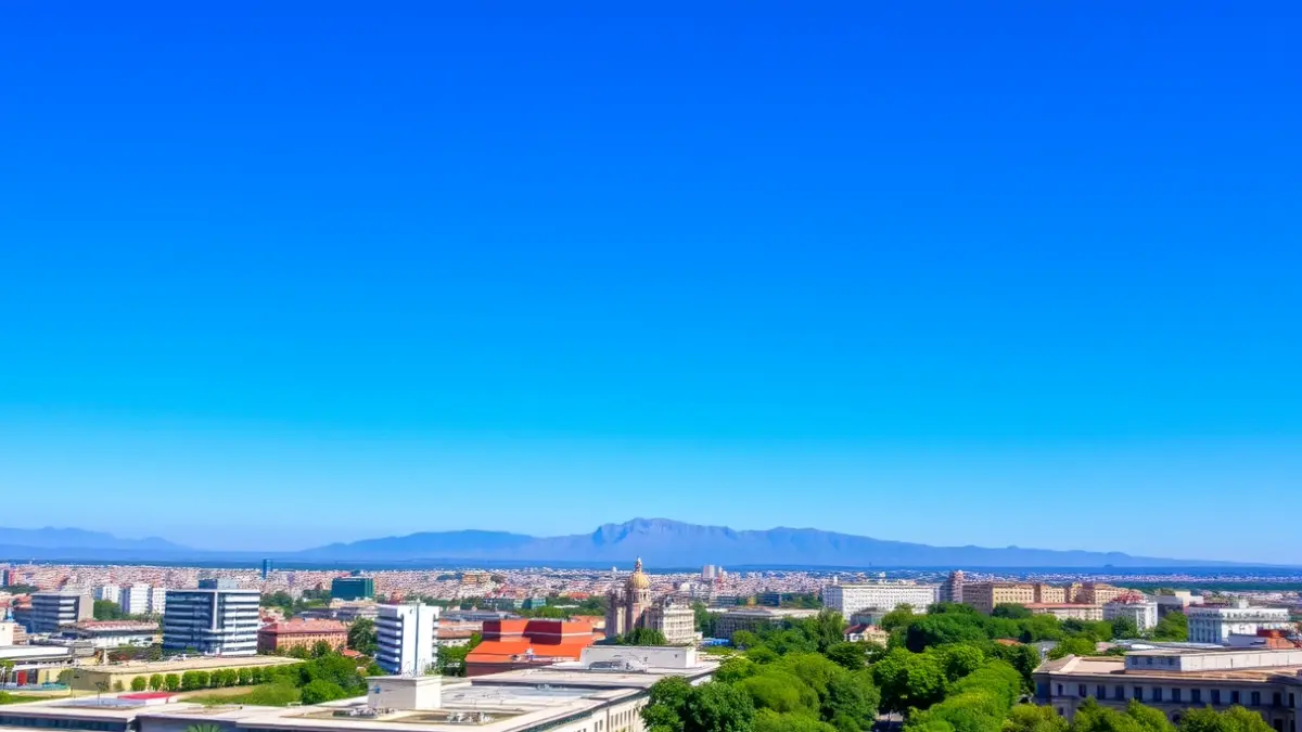 Image of a clear sky over Madrid, with the mountains visible in the background, representing improved air quality.