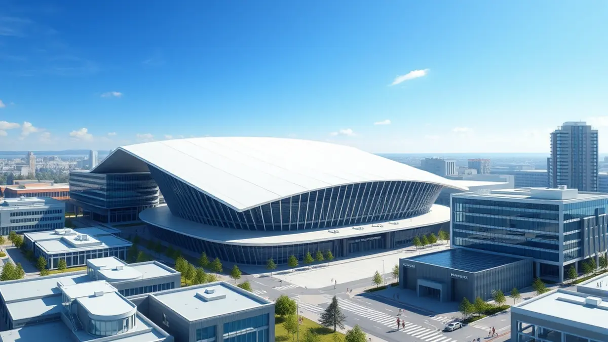Representación artística del futuro complejo urbanístico en Madrid, con un auditorio, campus universitario y centro deportivo.