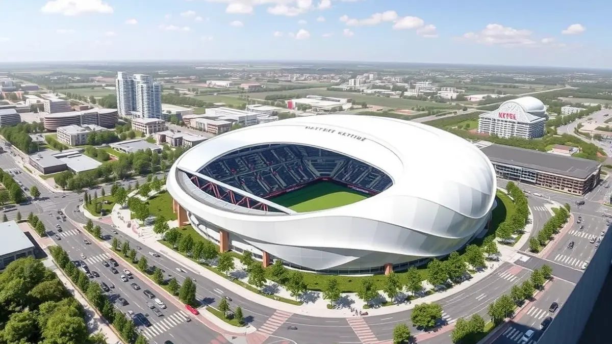 Image of a modern urban complex featuring a covered auditorium, university campus, and sports center.