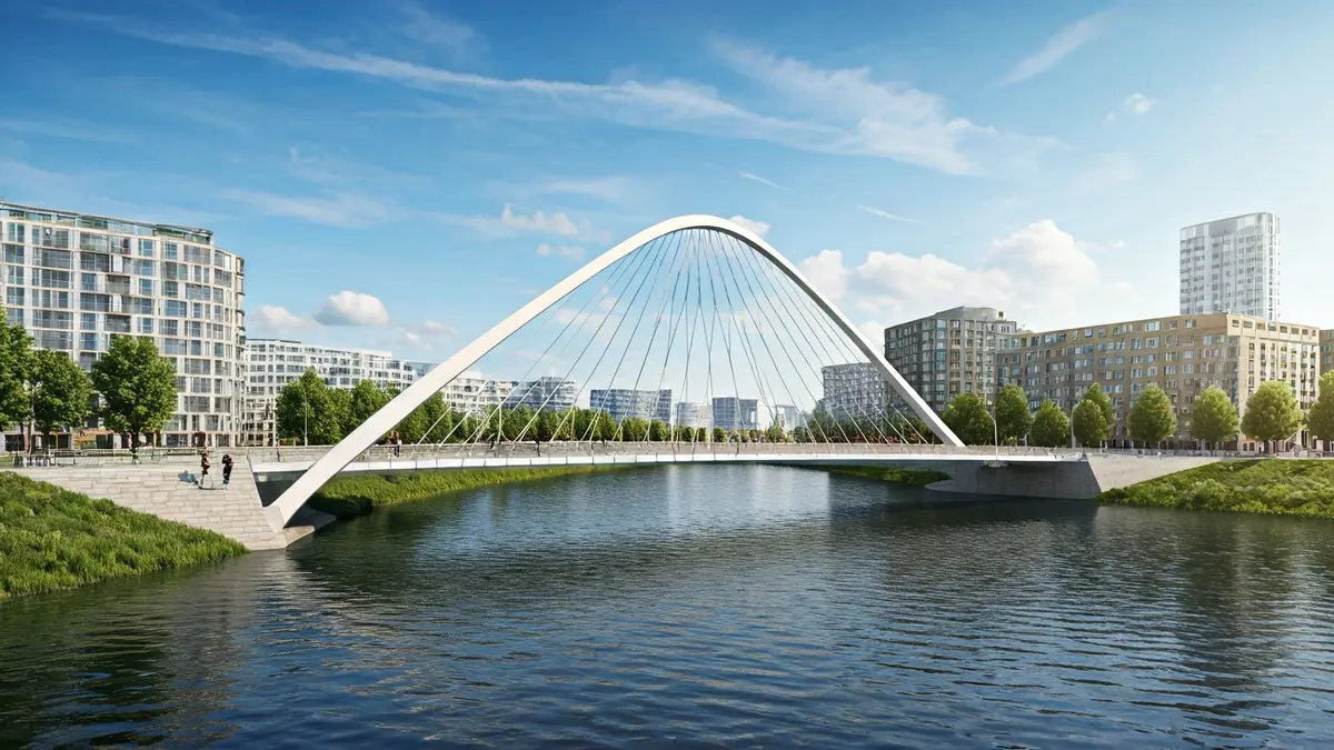 Conceptual design of a new pedestrian bridge over an urban river.