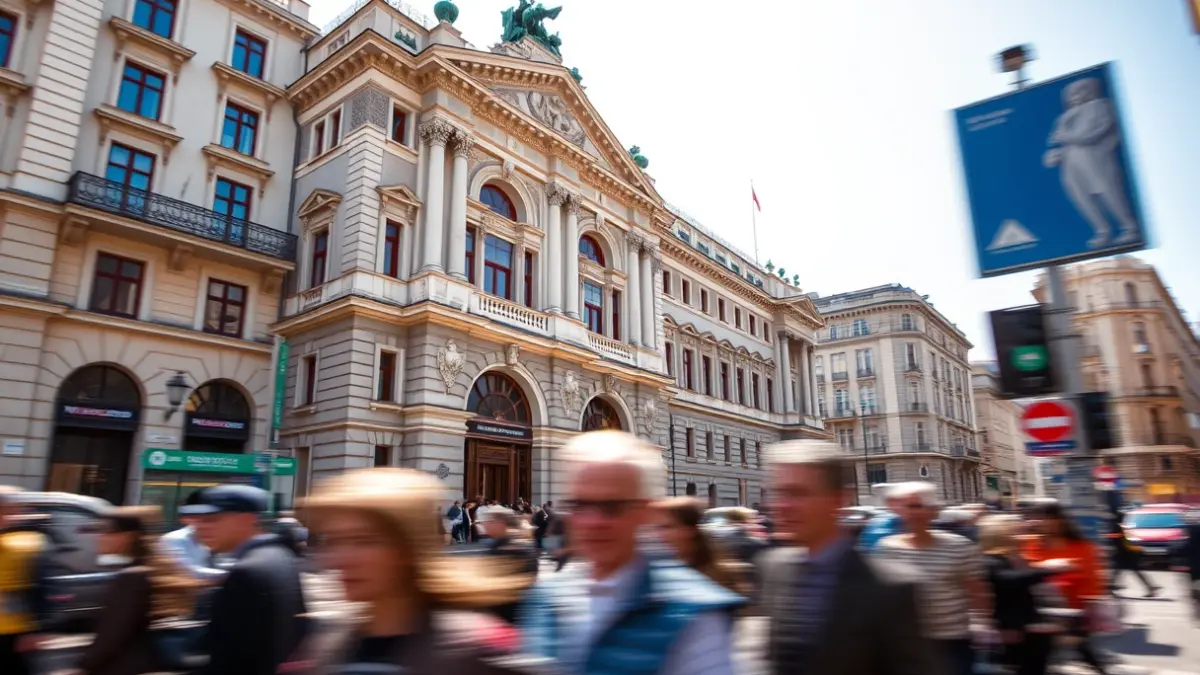 Facade of a municipal building with people in motion, symbolizing application management.