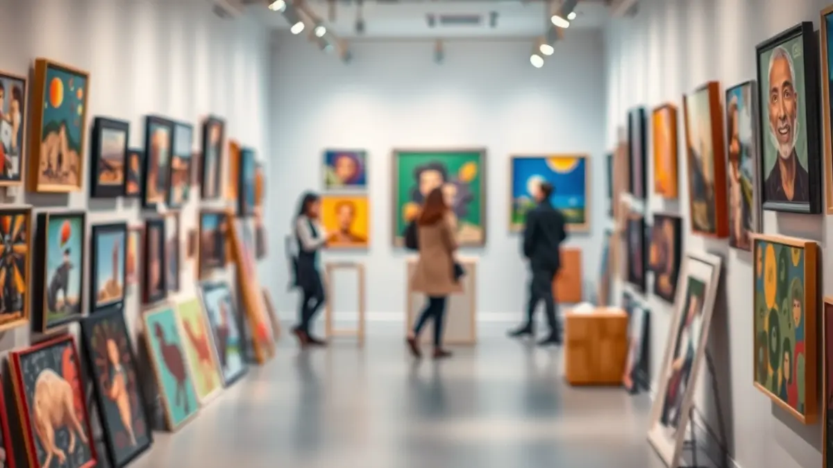 Imagen genérica de una exposición de arte con diversas obras y visitantes.