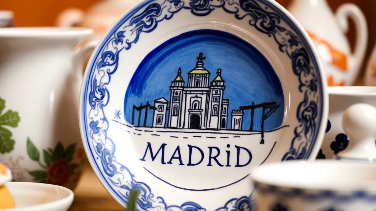 Image of illustrated ceramic tableware with Madrid motifs.