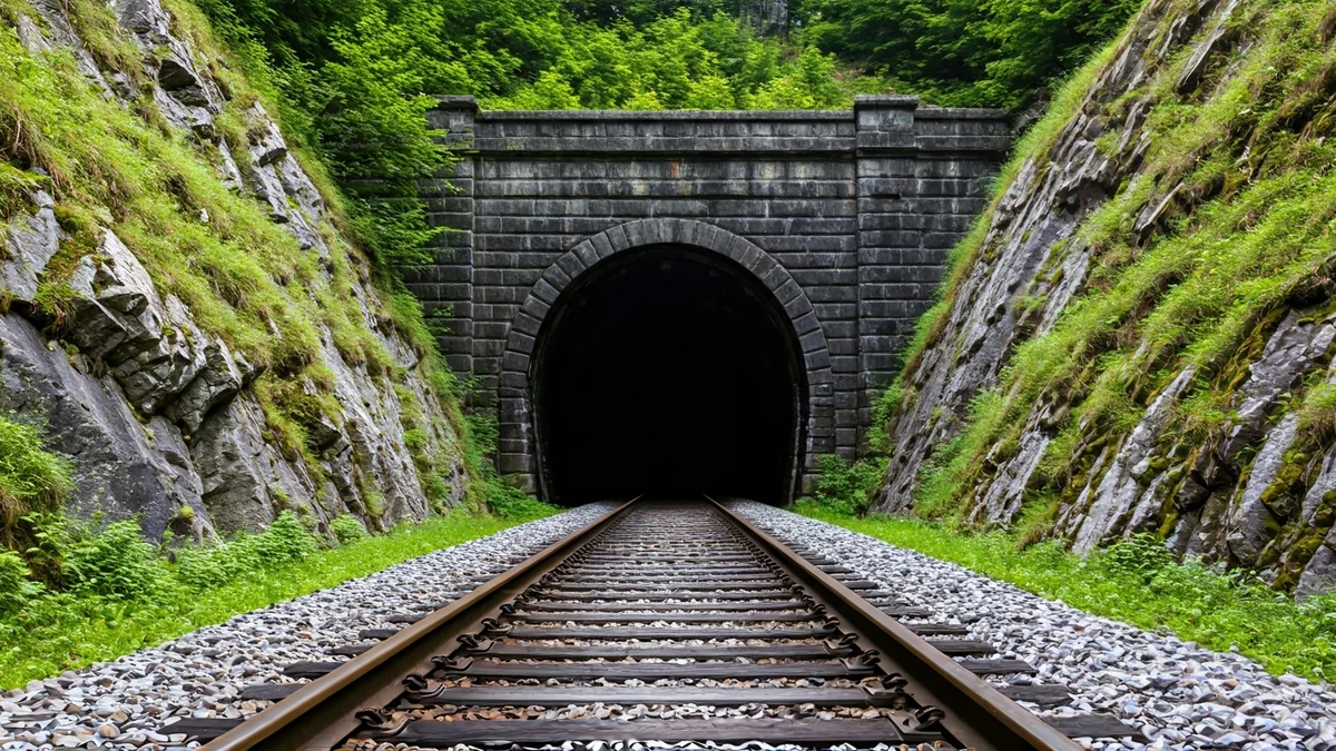 Generic image of a train track entering a dark tunnel in a mountainous landscape.