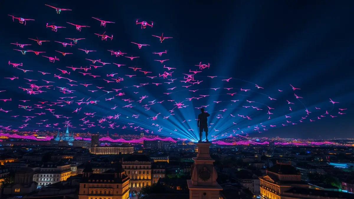 Drone show over the Madrid night sky