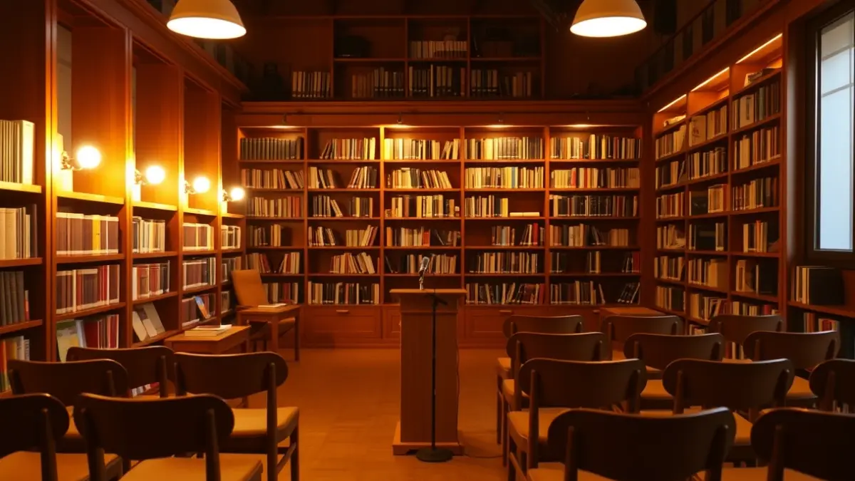 Generic image of a conference room or library, with a microphone on a lectern and empty chairs.