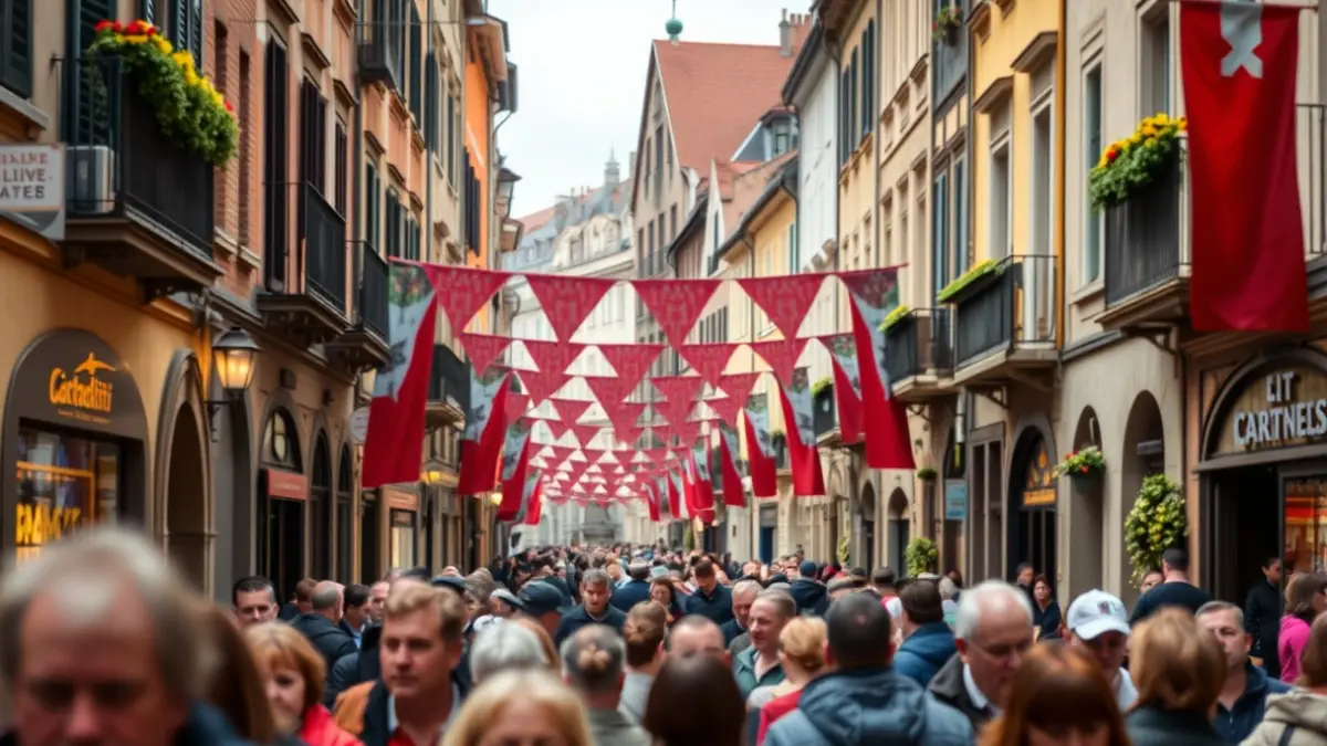 Imagen de ambiente festivo en un barrio histórico de Madrid, con gente y decoración colorida.