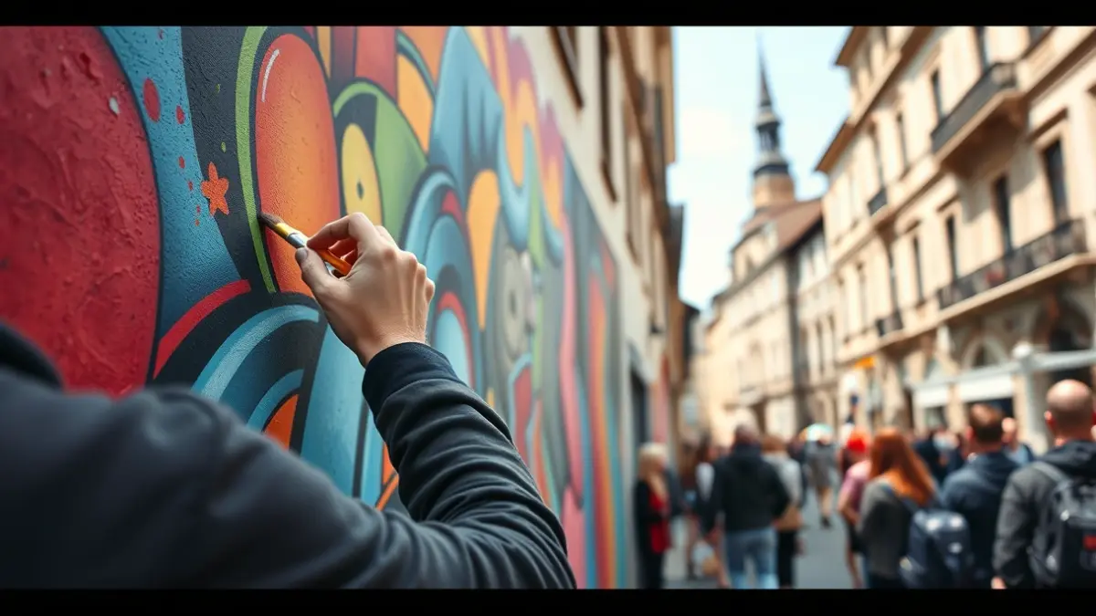 Imagen de un artista pintando un mural de arte urbano en una fachada durante un festival.
