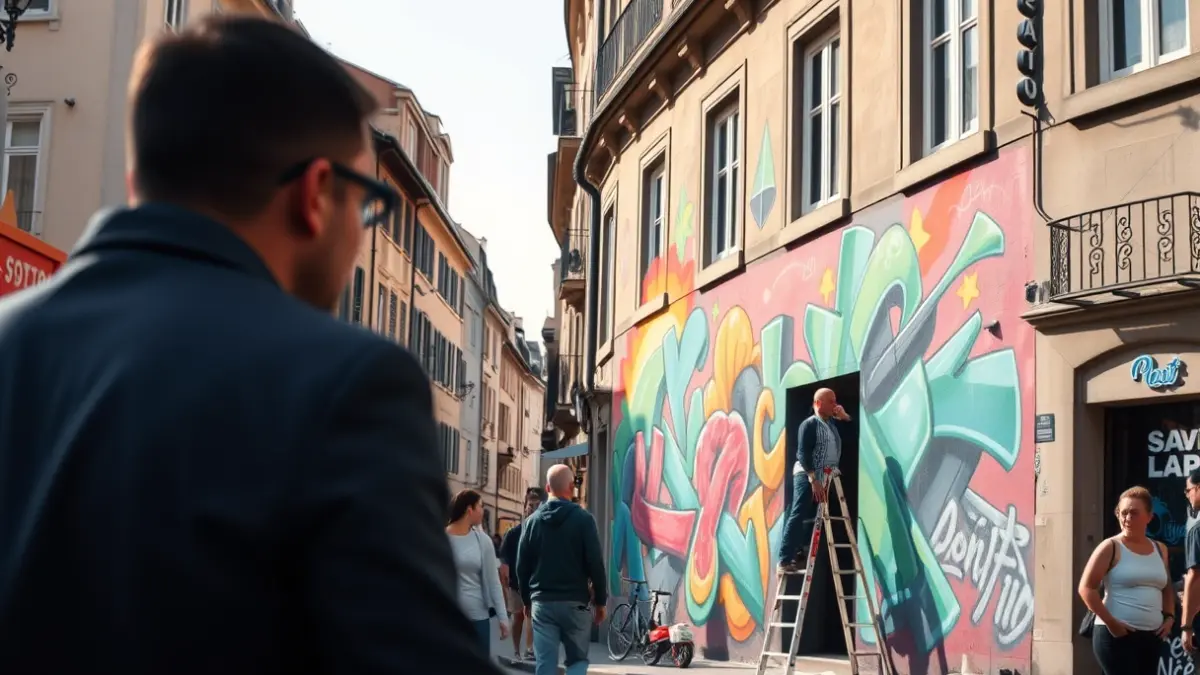 Imagen de un mural de arte urbano siendo pintado en una fachada.