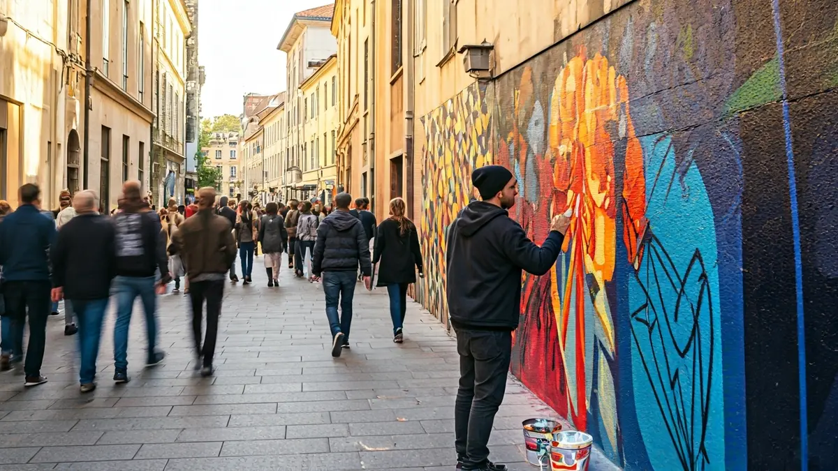 Imagen genérica de un artista pintando un mural de arte urbano en una calle concurrida.